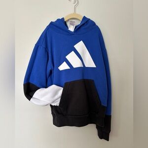 Adidas Boys Hoodie, size Medium 10/12. Blue, white, and black hoodie with logo